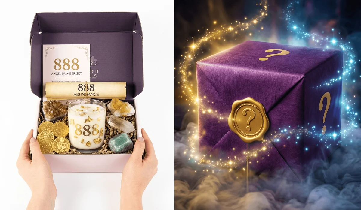 Comparison between a transparent Angel Number Gift Set and a spiritual Mystery Box for divine guidance.