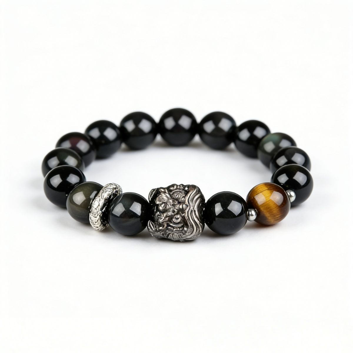  Courage-Awakening Lion Black Obsidian Tiger's Eye Bracelet - The Shield of Bold Fortune