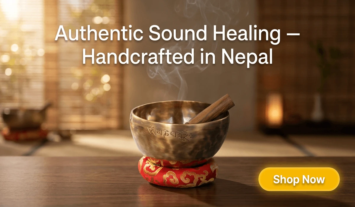 Handmade Nepalese Full Moon Singing Bowl with wooden mallet on a red cushion for sound healing and meditation
