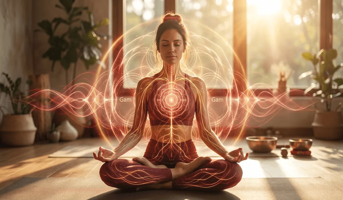 Meditating practitioner surrounded by luminous acoustic sound waves representing Ganesha mantra vibration alignment.