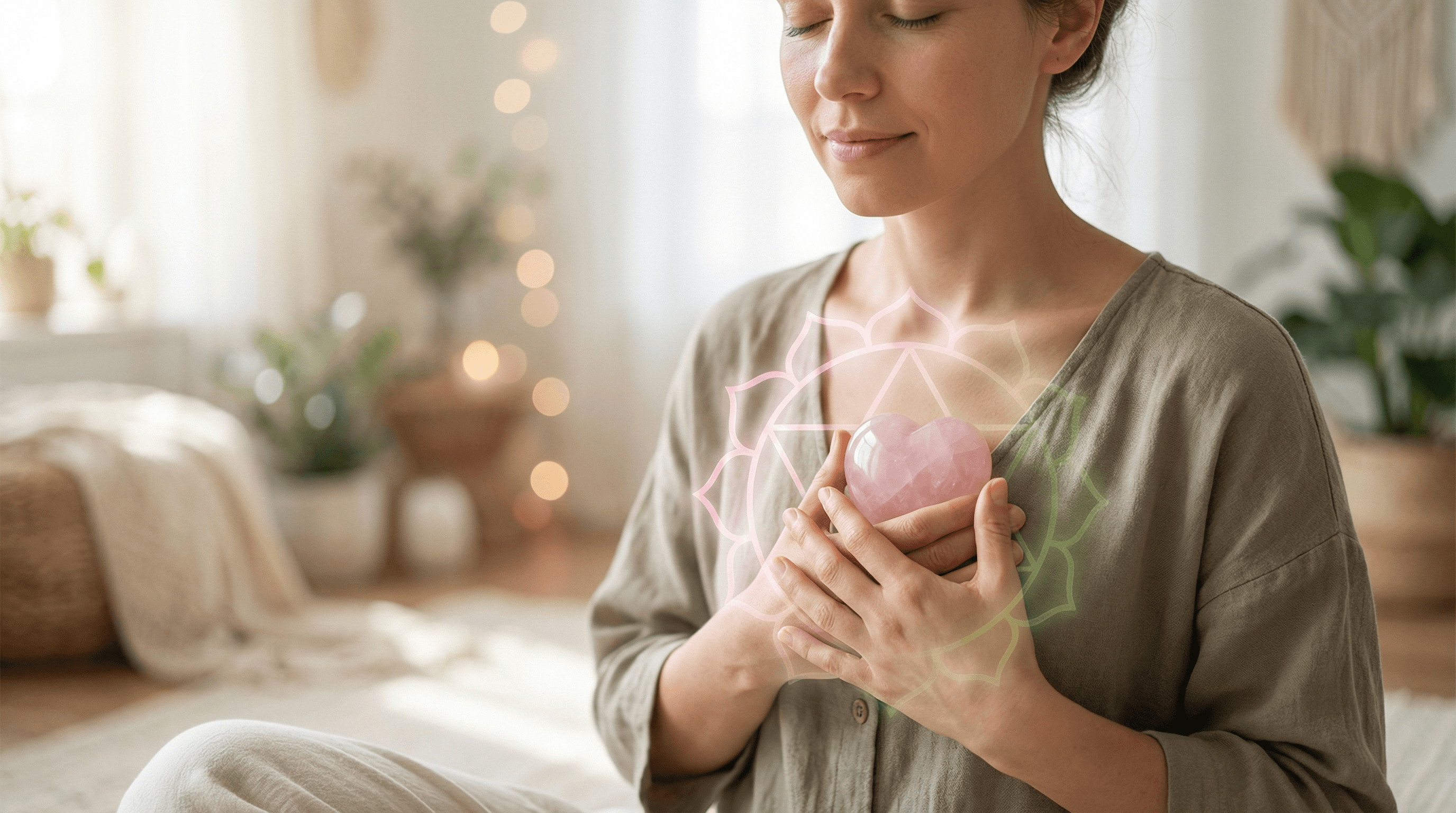 Heart-centered meditation using Rose Quartz crystal to align the Anahata chakra and promote emotional peace.