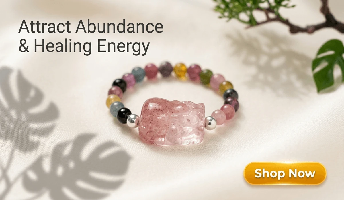 Rainbow Tourmaline Pixiu Stretch Ring for wealth and luck on a luxury silk background with a Shop Now button