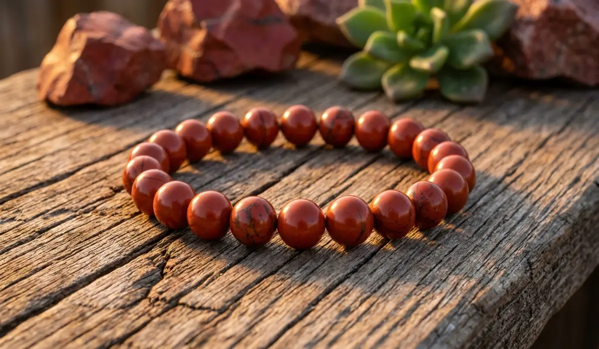 Natural Red Jasper beaded bracelet on a rustic wooden background symbolizing the Stone of Endurance and grounding energy.