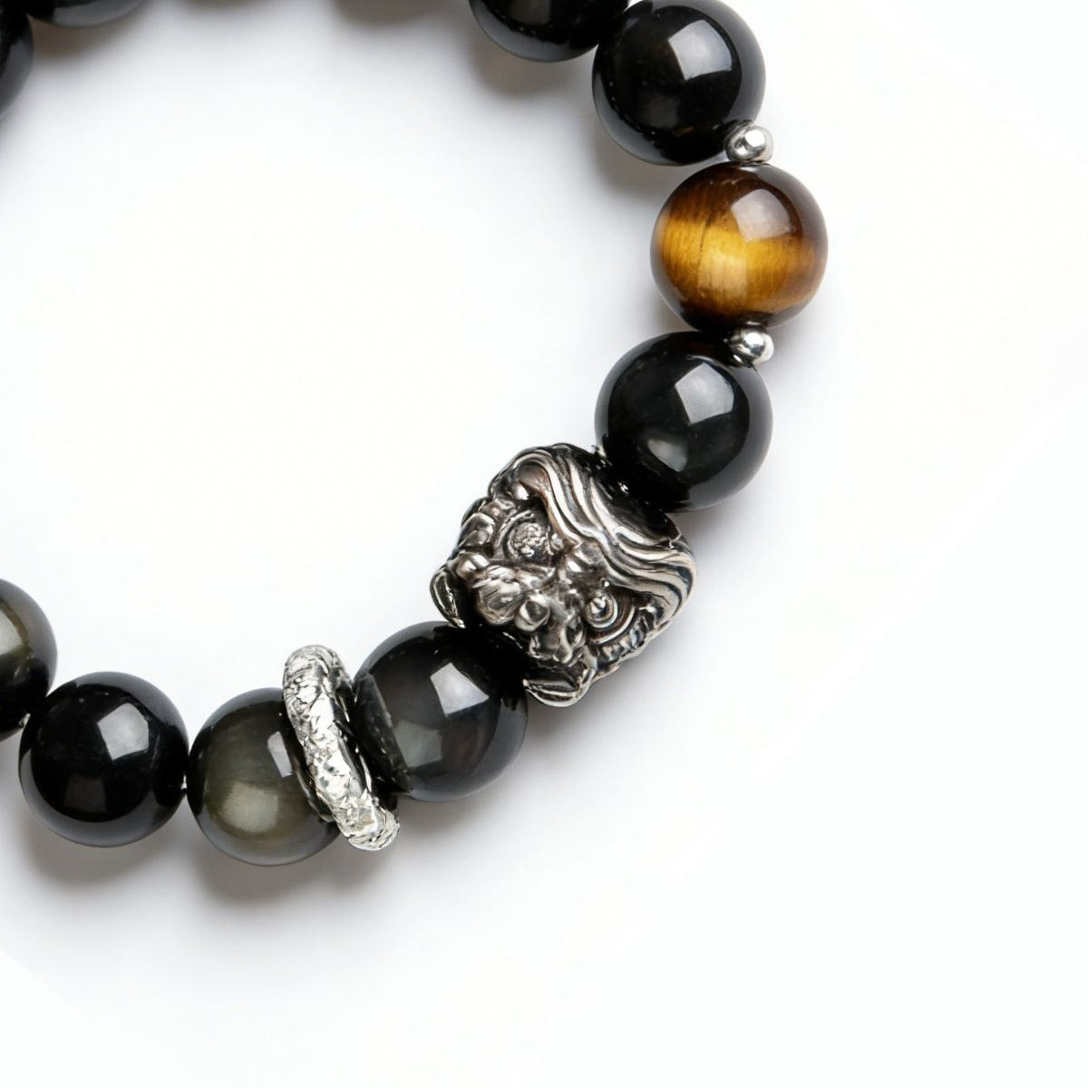  Courage-Awakening Lion Black Obsidian Tiger's Eye Bracelet - The Shield of Bold Fortune