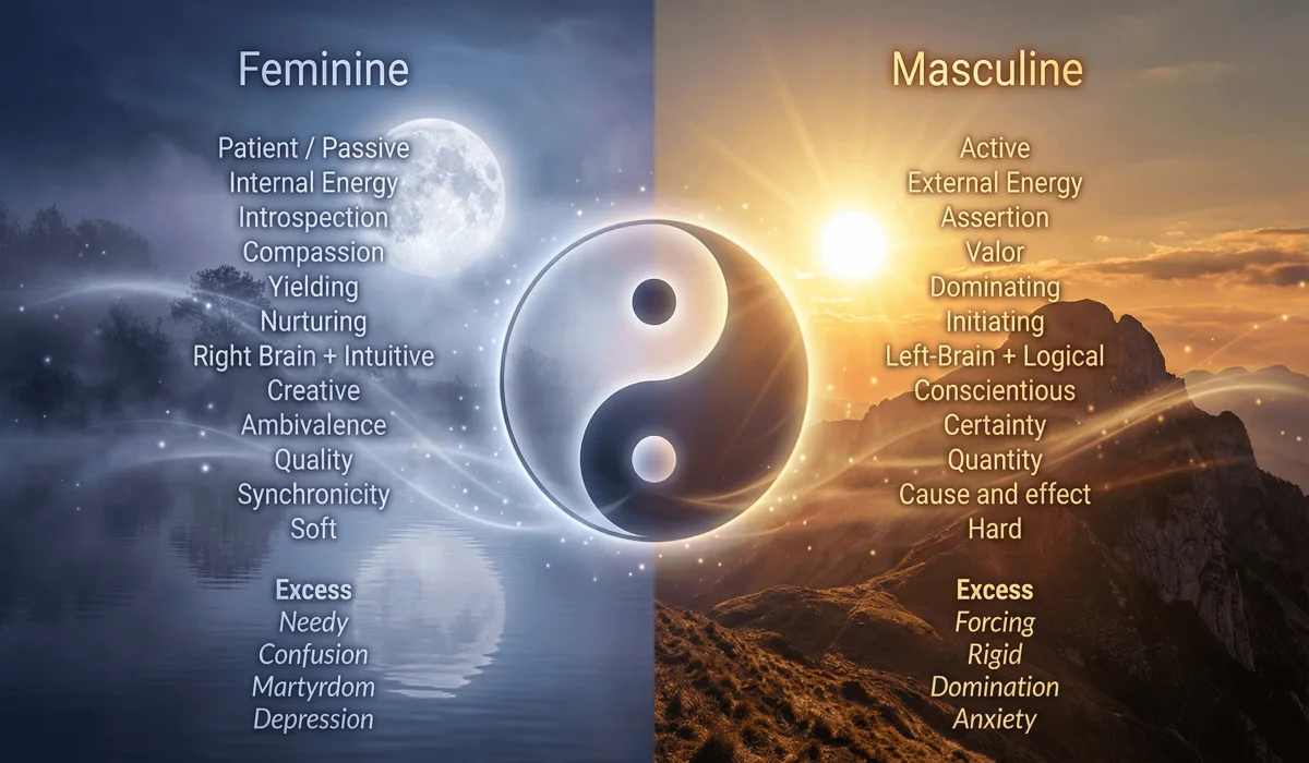 Conceptual visualization of Yin Yang philosophy showing the balance between feminine cool energy and masculine warm energy.