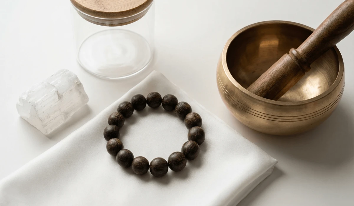 Cleansing and charging an Eaglewood bracelet with a singing bowl and Selenite crystal on silk.