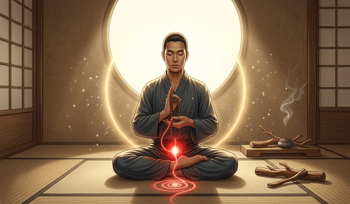 A person meditating with sandalwood beads showing the connection to the root chakra and spiritual grounding.