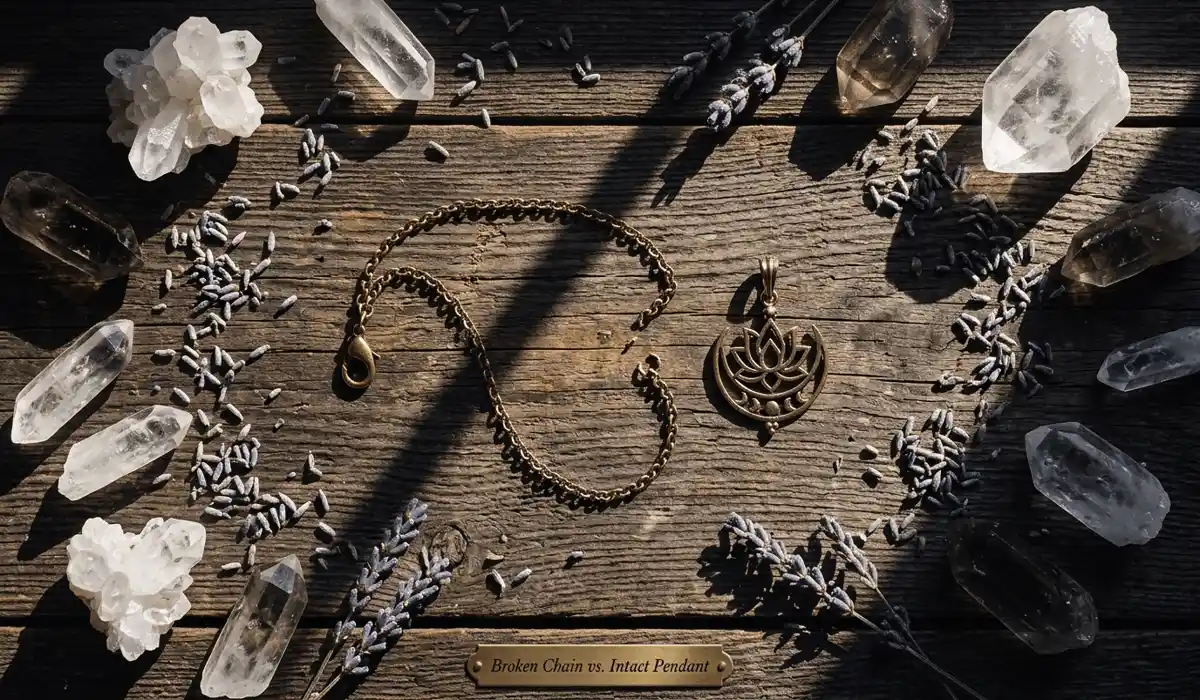 A spiritual altar with a snapped necklace chain and crystals, illustrating the broken jewelry theory and symbolic transitions.