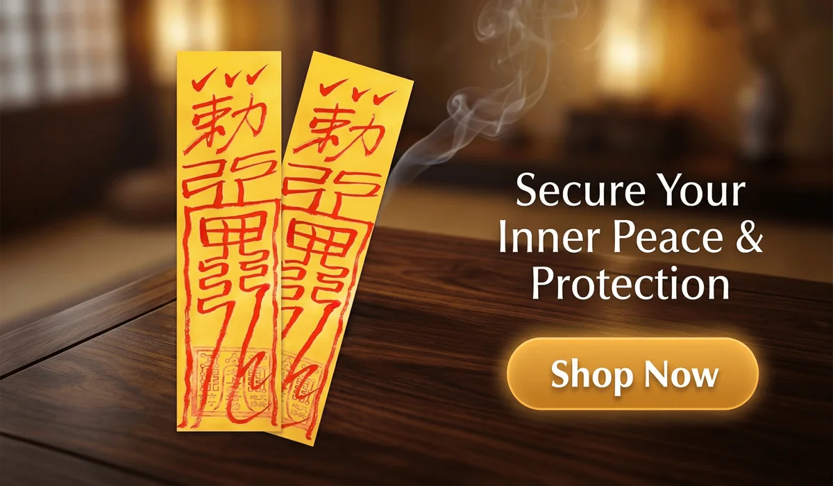 Personalised Peace & Safety Talisman for inner peace and protection, featuring traditional Taoist calligraphy on a Zen-style background with a Shop Now button.