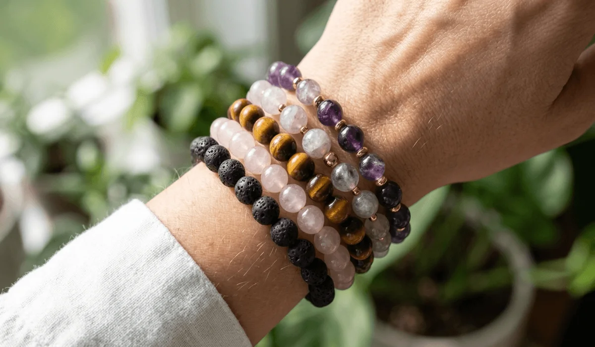 A stylish stack of various gemstone healing bracelets on a woman's wrist illustrating the concept of power banding and crystal layering.