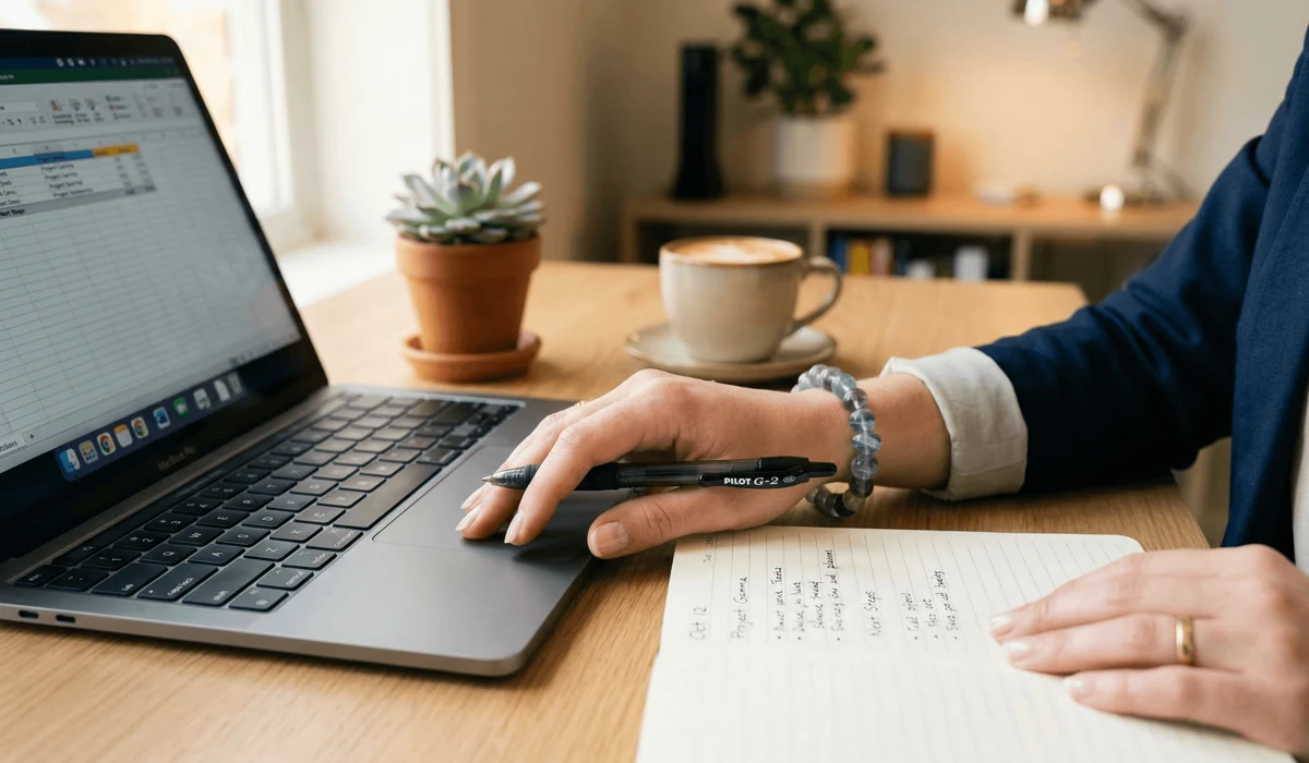 A person wearing a Fluorite bracelet while working at a desk, symbolizing mental focus and productivity in a professional setting.