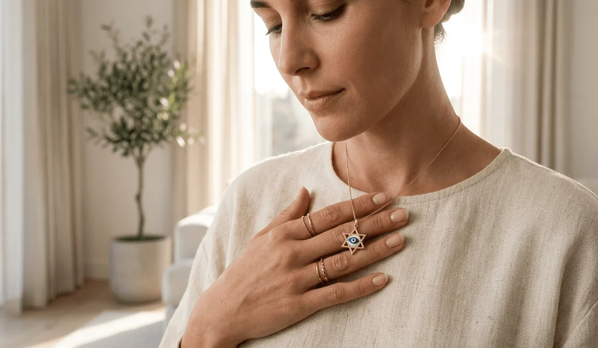 Close-up of a person wearing a delicate gold Star of David with Evil Eye pendant as a personal mindfulness anchor.