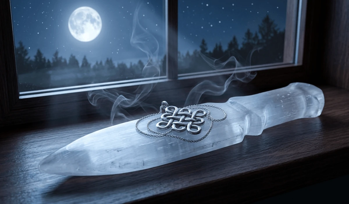 Endless knot necklace being cleansed on a selenite charging slab under moonlight with subtle sage smoke