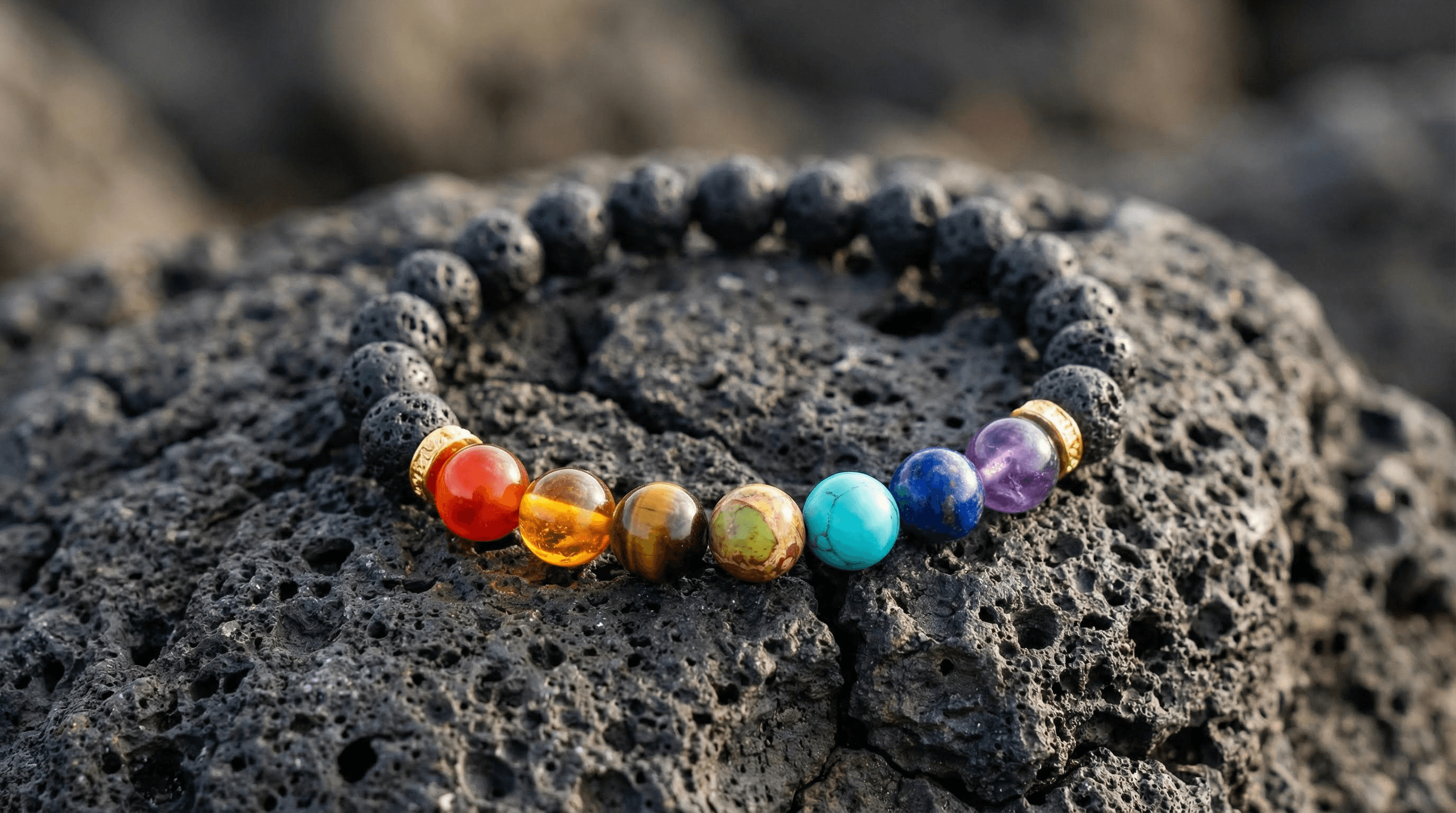 Close-up of a 7 chakra lava stone bracelet showing the detailed texture of volcanic basalt beads and vibrant chakra gemstones.
