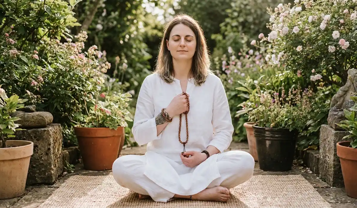 Practitioner wearing a lotus seed mala necklace for spiritual grounding and daily mindfulness practice.