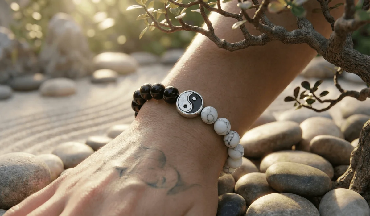 Yin Yang anxiety bracelet made of Black Onyx and White Howlite stones on a wrist in a zen garden setting.