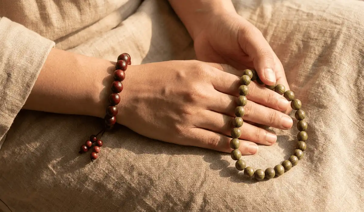 Close-up of a person wearing a red sandalwood bracelet and a green sandalwood mala bracelet on their wrists for daily spiritual wear.
