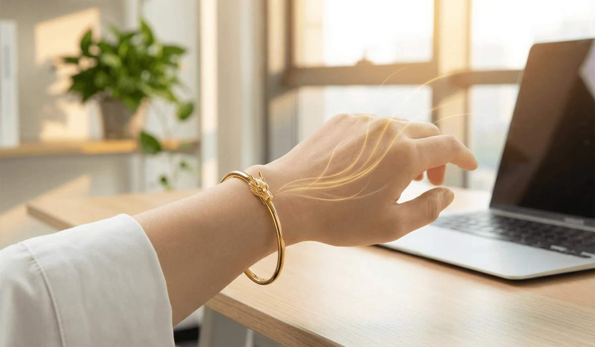 A person wearing a dragon bracelet on their left hand to attract success and prosperity in a workspace.