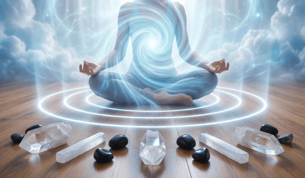 A person meditating within three glowing rings of light with Clear Quartz and Obsidian crystals, illustrating an Angel Number 000 spiritual ritual.