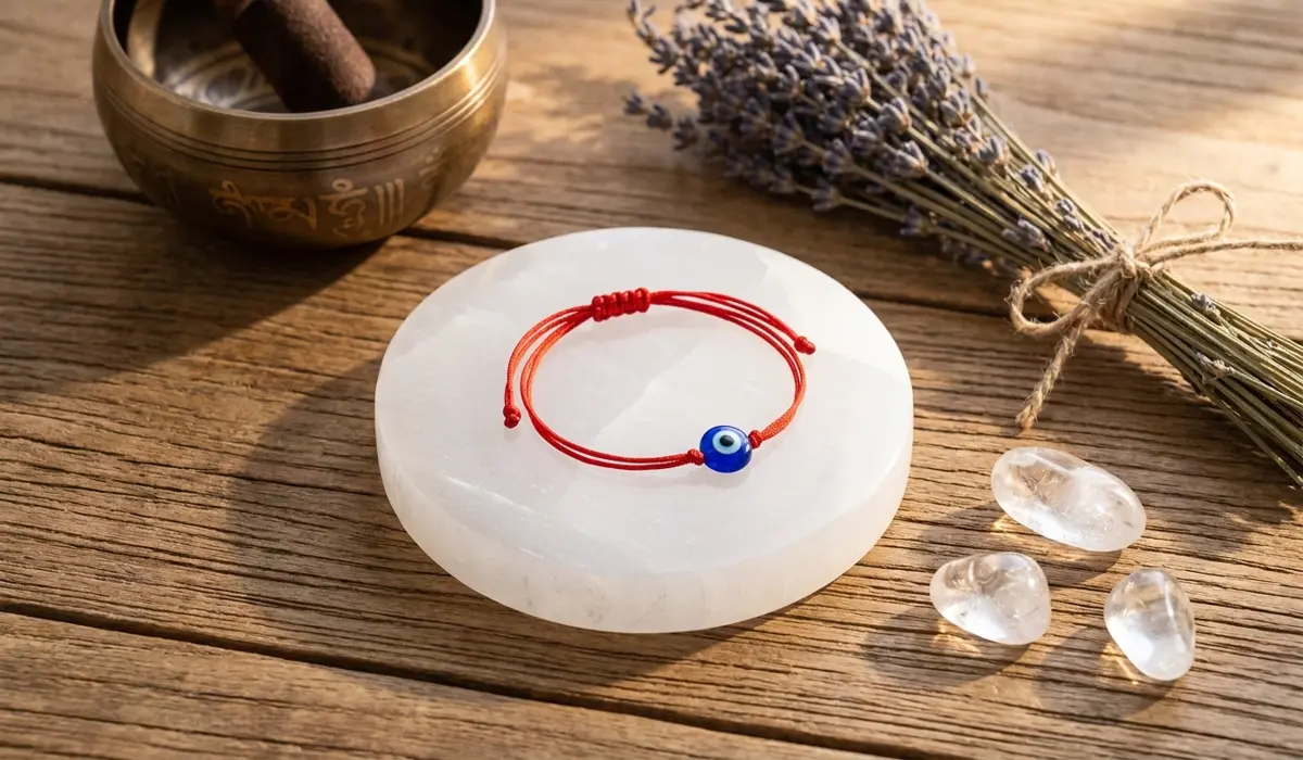 A red string baby bracelet being energetically cleansed on a Selenite plate with spiritual wellness tools.