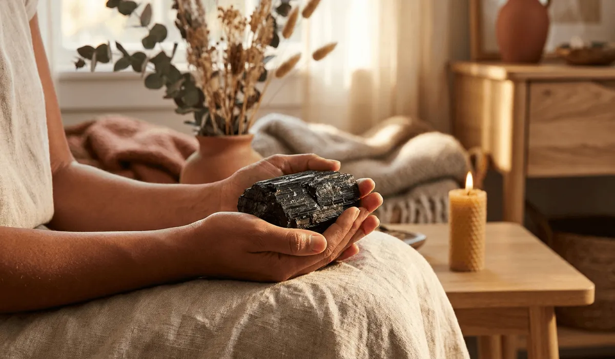 Mindfulness practitioner holding a raw Black Tourmaline stone for grounding and Root Chakra meditation.