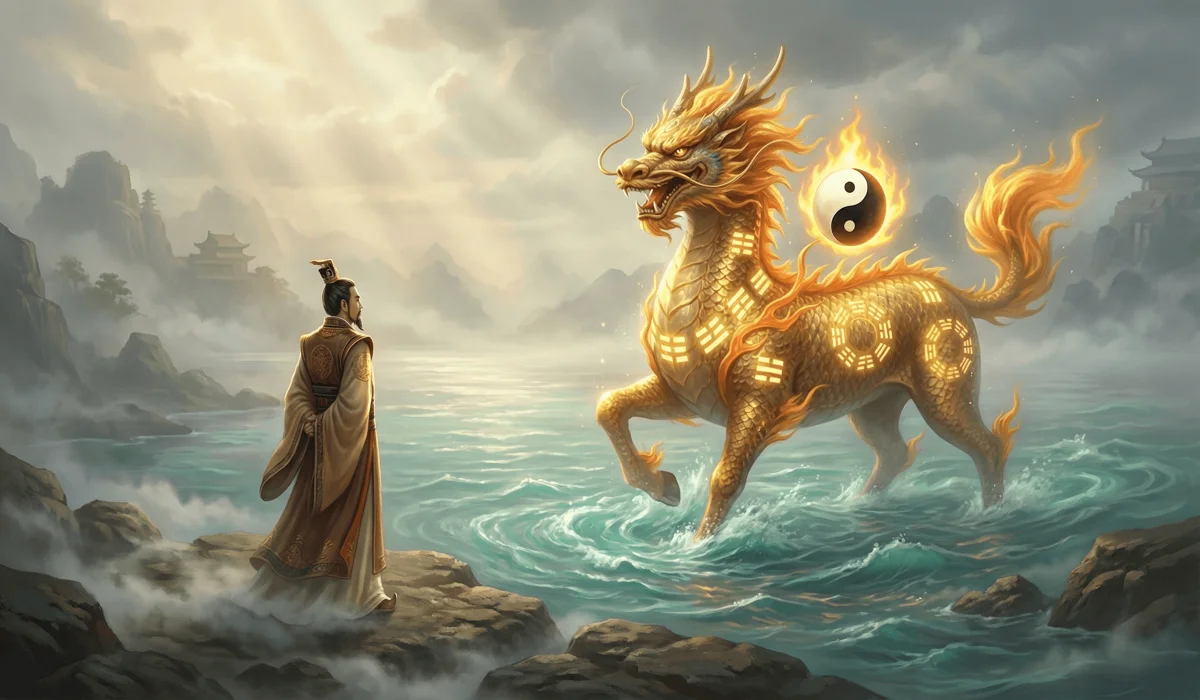 Ancient legend of Fu Xi and the Dragon-Horse emerging from the Yellow River with the Bagua trigrams, representing the origins of Feng Shui.
