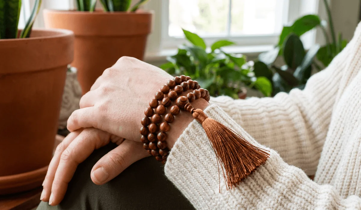 Triple-wrapped rosewood mala bracelet worn on a wrist for daily spiritual grounding and heart energy.