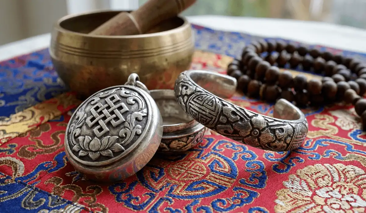 Tibetan silver prayer box pendant and engraved cuff bracelet displaying sacred Endless Knot and Lotus symbols on traditional silk.