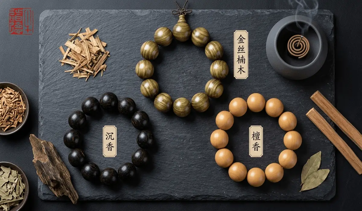 Visual comparison of sacred wood bracelets featuring Golden Silk Nanmu, dark Agarwood, and Sandalwood on a slate surface