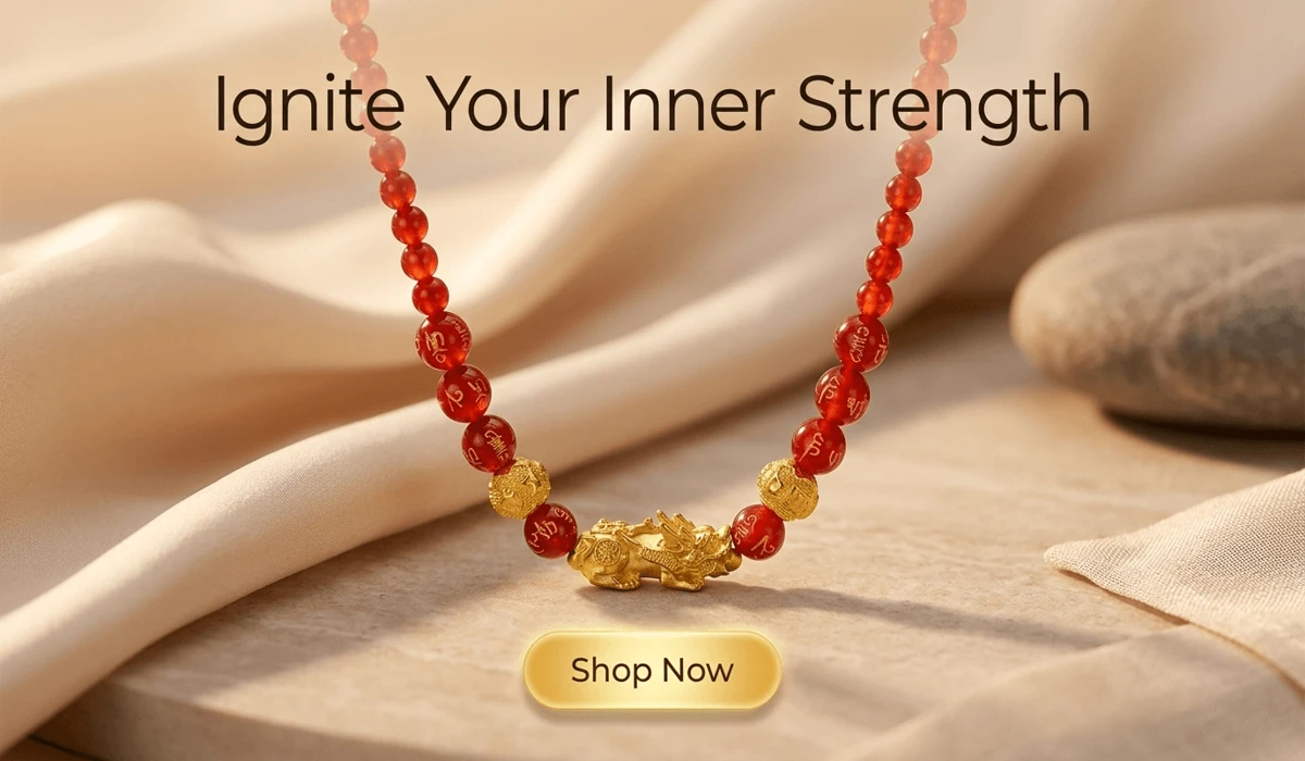 Red Agate Pixiu Fortune Necklace on elegant Zen background with Shop Now button
