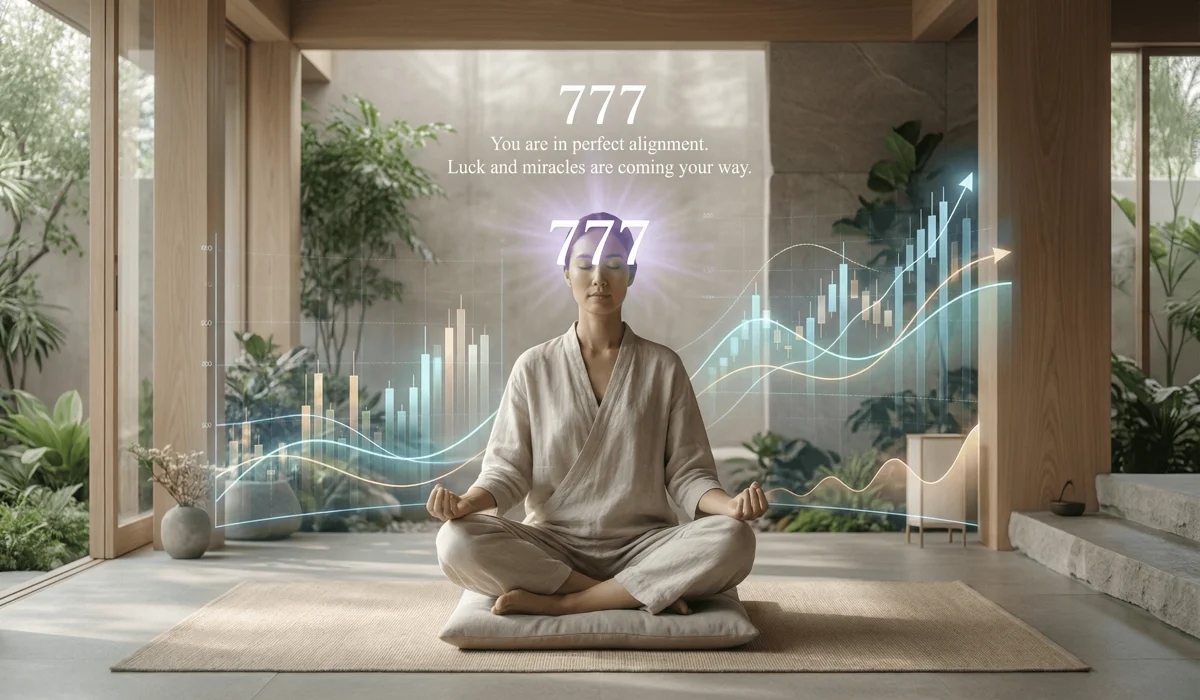 A person meditating with a glowing 777 angel number to activate financial intuition and divine luck in investments.