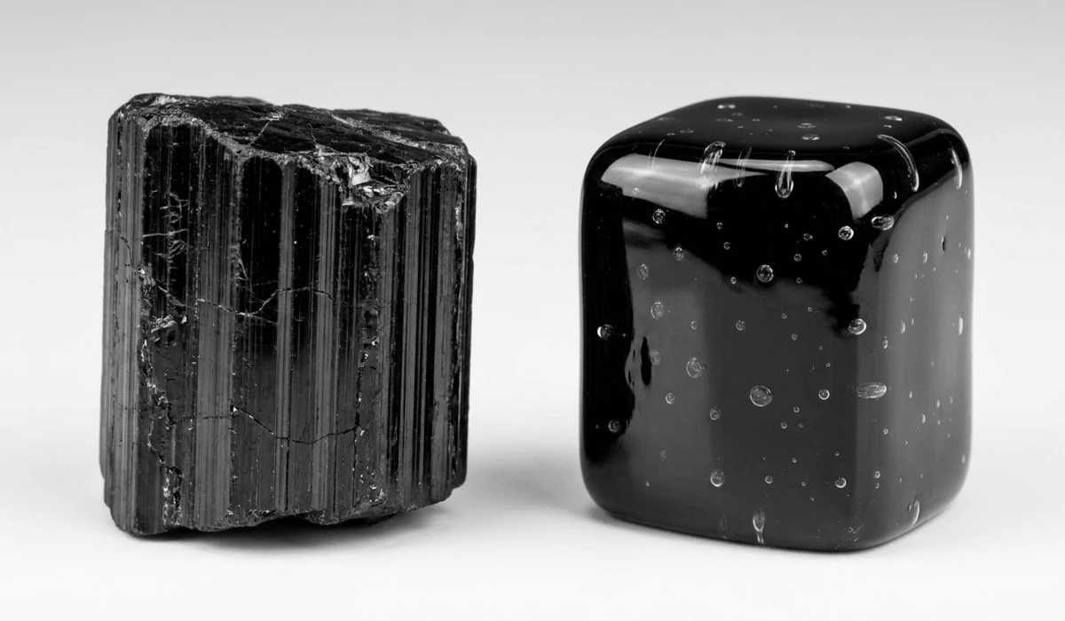 Side-by-side comparison of authentic raw Black Tourmaline showing vertical striations versus a fake glass crystal with air bubbles.