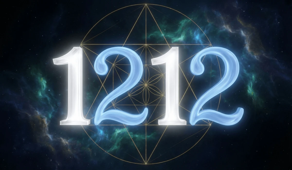 Celestial representation of angel number 1212 showing the balance of masculine and feminine energies within a cosmic Merkaba.