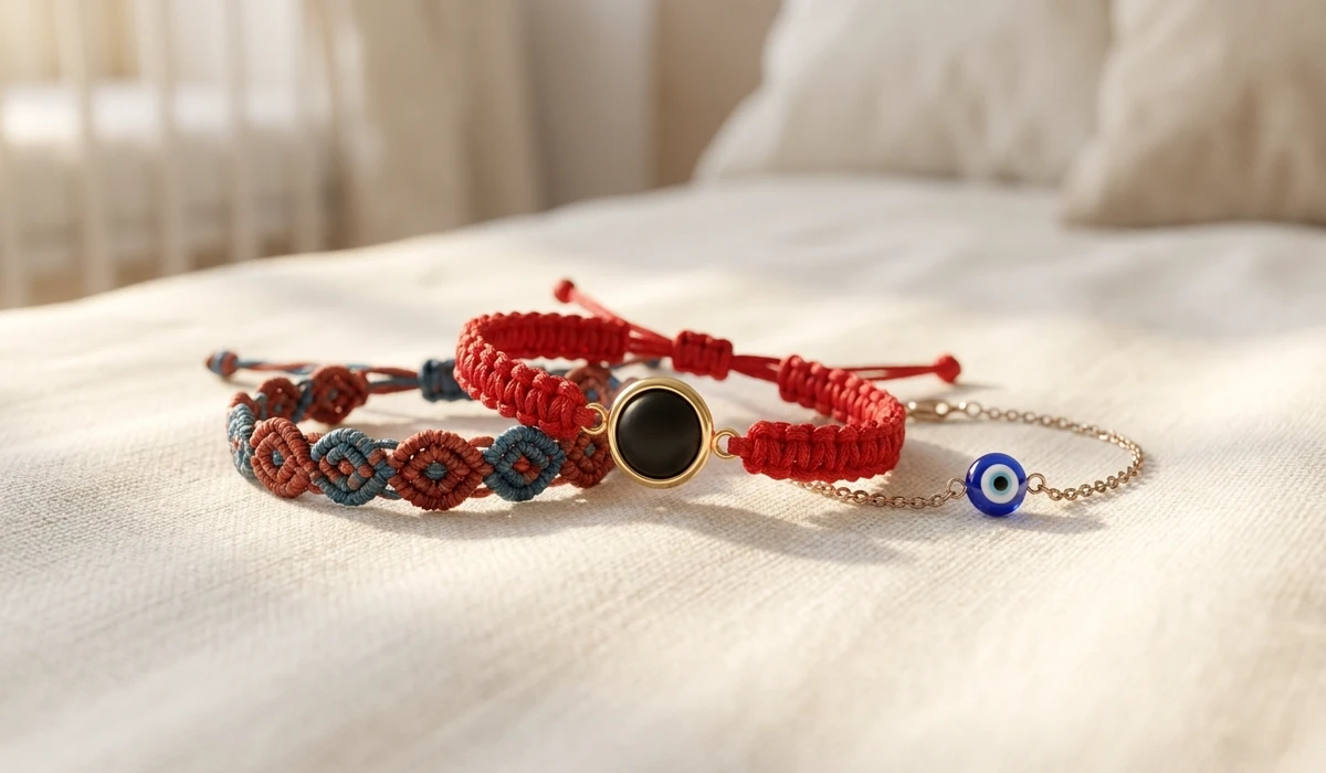 A collection of traditional baby protection bracelets featuring red strings, azabache charms, and evil eye beads for spiritual safety.