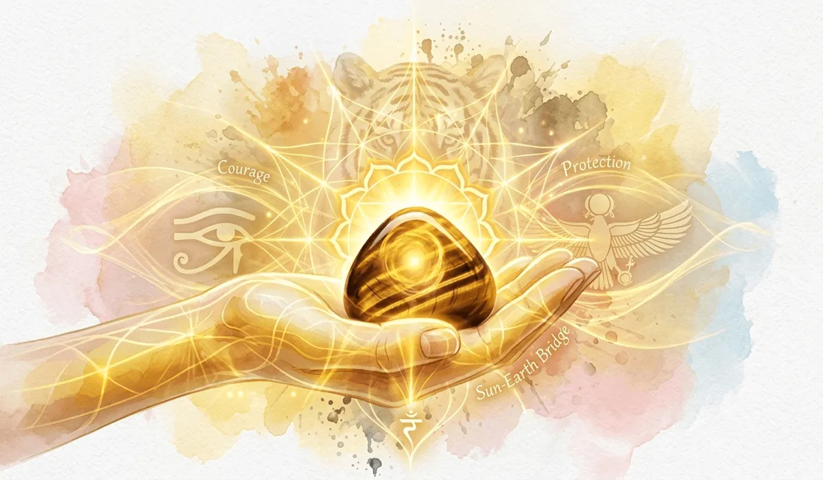 Spiritual illustration of Tiger's Eye stone radiating golden energy representing the Solar Plexus Chakra and courage.
