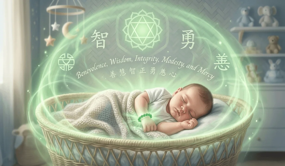 Digital art showing a jade bracelet creating a protective spiritual energy field around a sleeping baby.