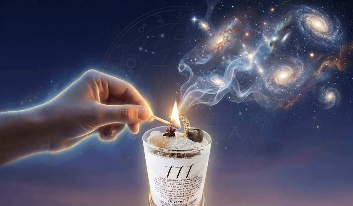 Spiritual alchemy concept showing 777 angel number candle smoke turning into a starry nebula, symbolizing divine alignment.