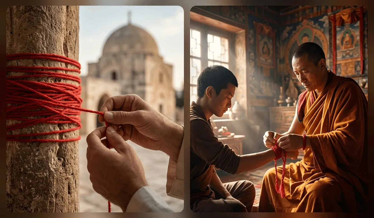 Side-by-side comparison of Kabbalah red string origin at Rachel's Tomb and a Buddhist monk performing a blessing ceremony with a red cord.