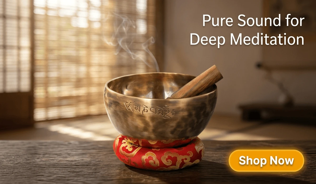 Handmade Nepalese Full Moon Singing Bowl for Sound Healing with red silk cushion on a zen meditation table