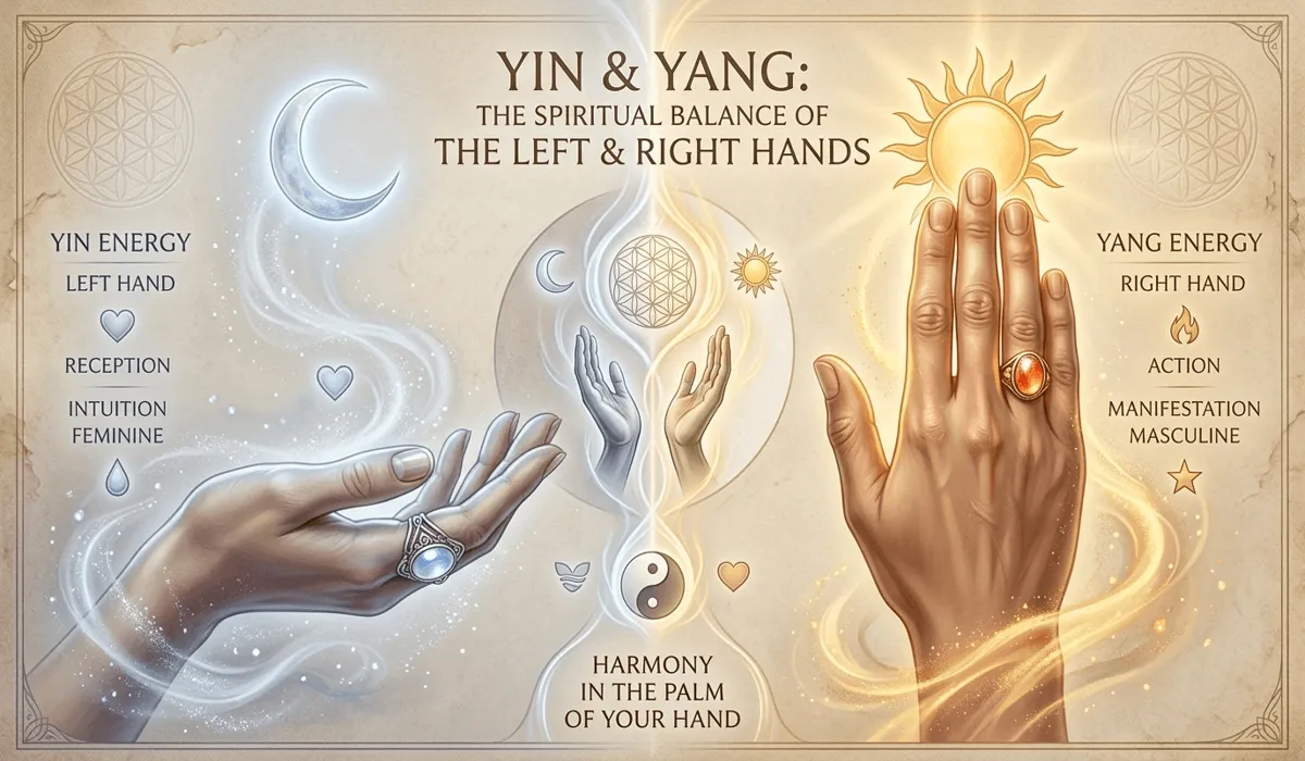 A comparison of Yin and Yang energy hands showing the difference between spiritual ring symbolism on the left and right hands.