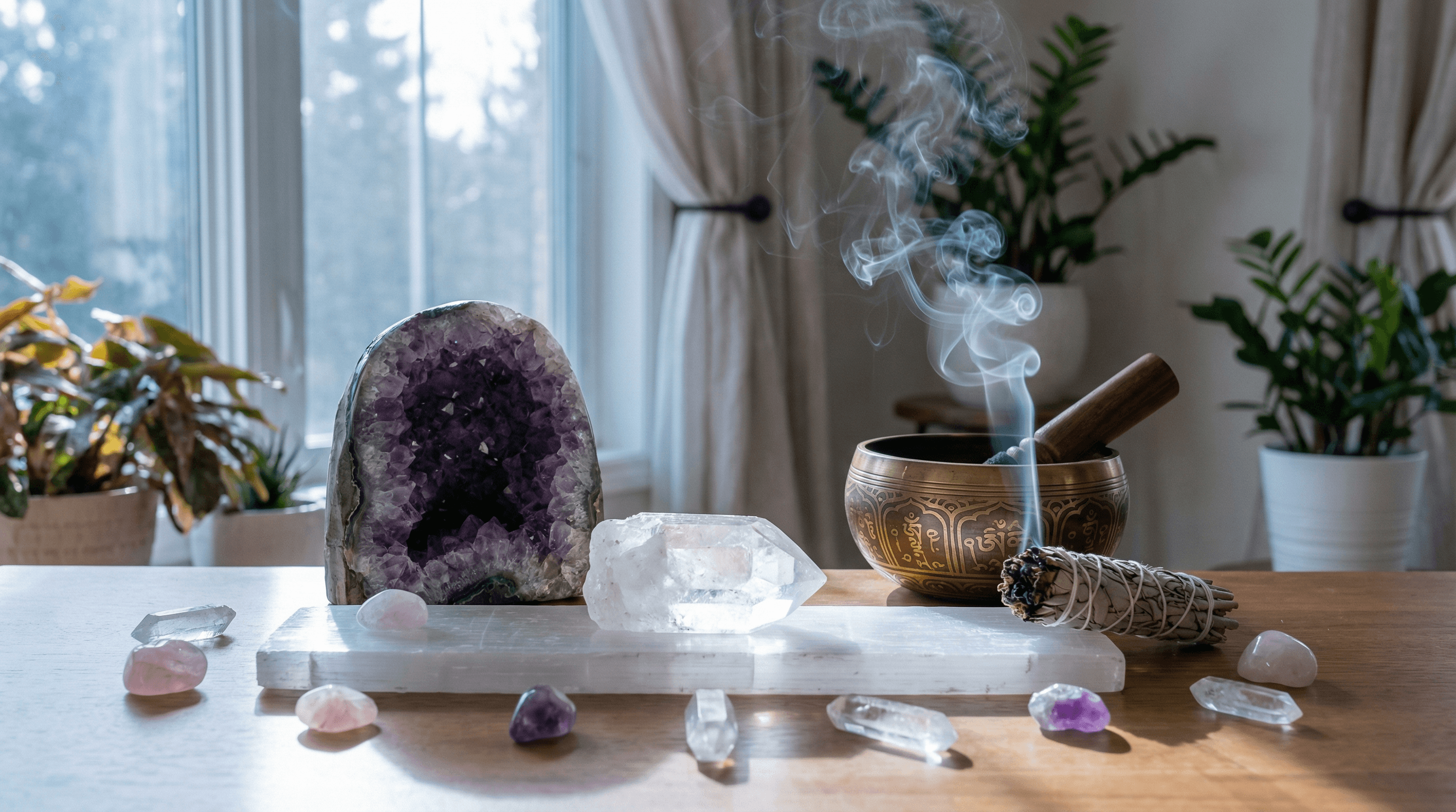 A sacred altar with Amethyst, Clear Quartz, and Selenite being cleansed by moonlight and sound healing.