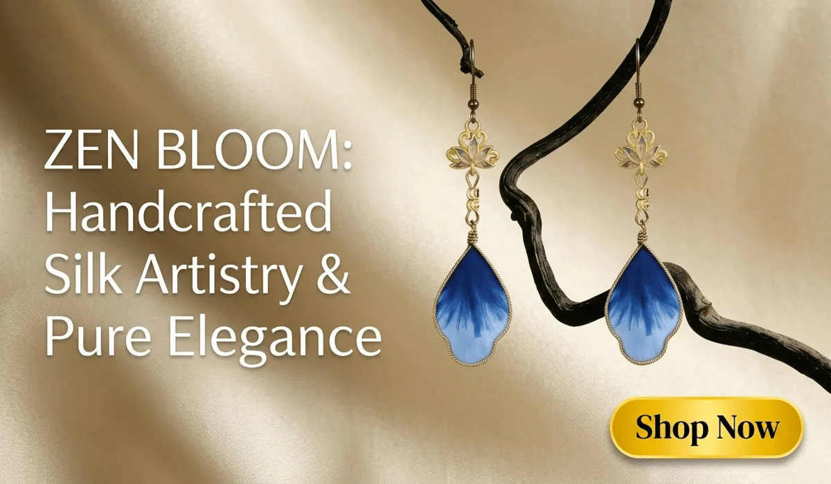 Ethereal Lotus Silk Flower Ronghua earrings with blue gradient petals on a minimalist Zen branch background, featuring a Shop Now button for high-end jewelry blog.