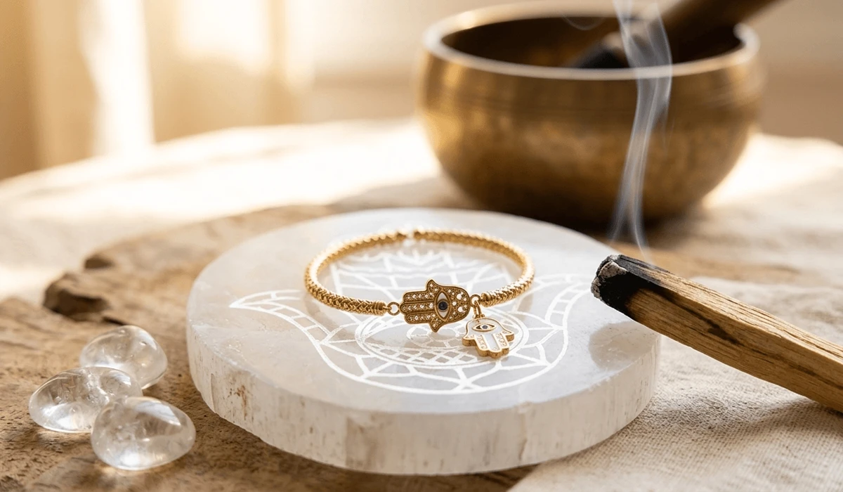 A gold Hamsa bracelet resting on a white selenite crystal plate being cleansed with palo santo smoke.