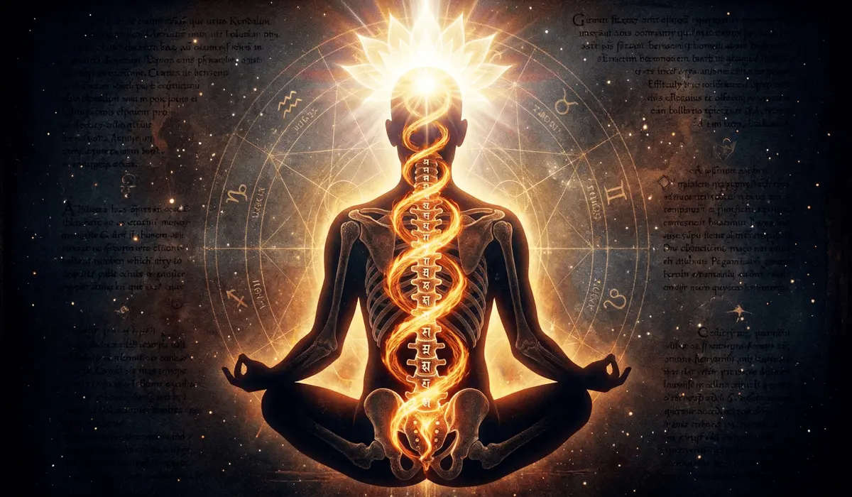 Esoteric illustration of Kundalini energy ascending the 33 vertebrae to achieve spiritual enlightenment.