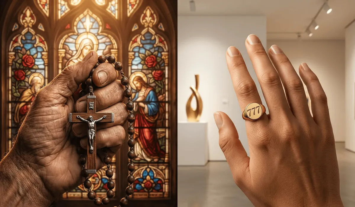 A comparison of traditional Christian rosary beads and modern angel number jewelry representing personal spirituality.