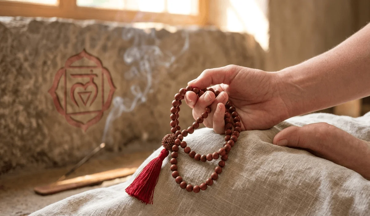Red sandalwood mala beads being used in a meditation setting for grounding and Root Chakra alignment.