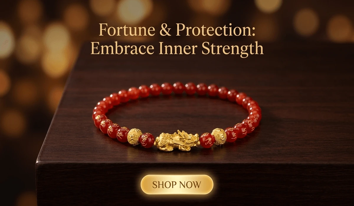 Red Agate Pixiu Fortune Necklace on elegant Zen background.