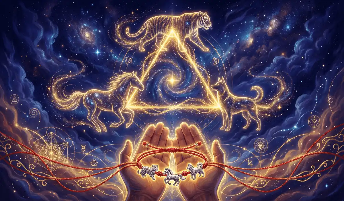 Visual representation of the Triple Harmony zodiac group (Tiger, Horse, Dog) showing energetic resonance and compatibility.