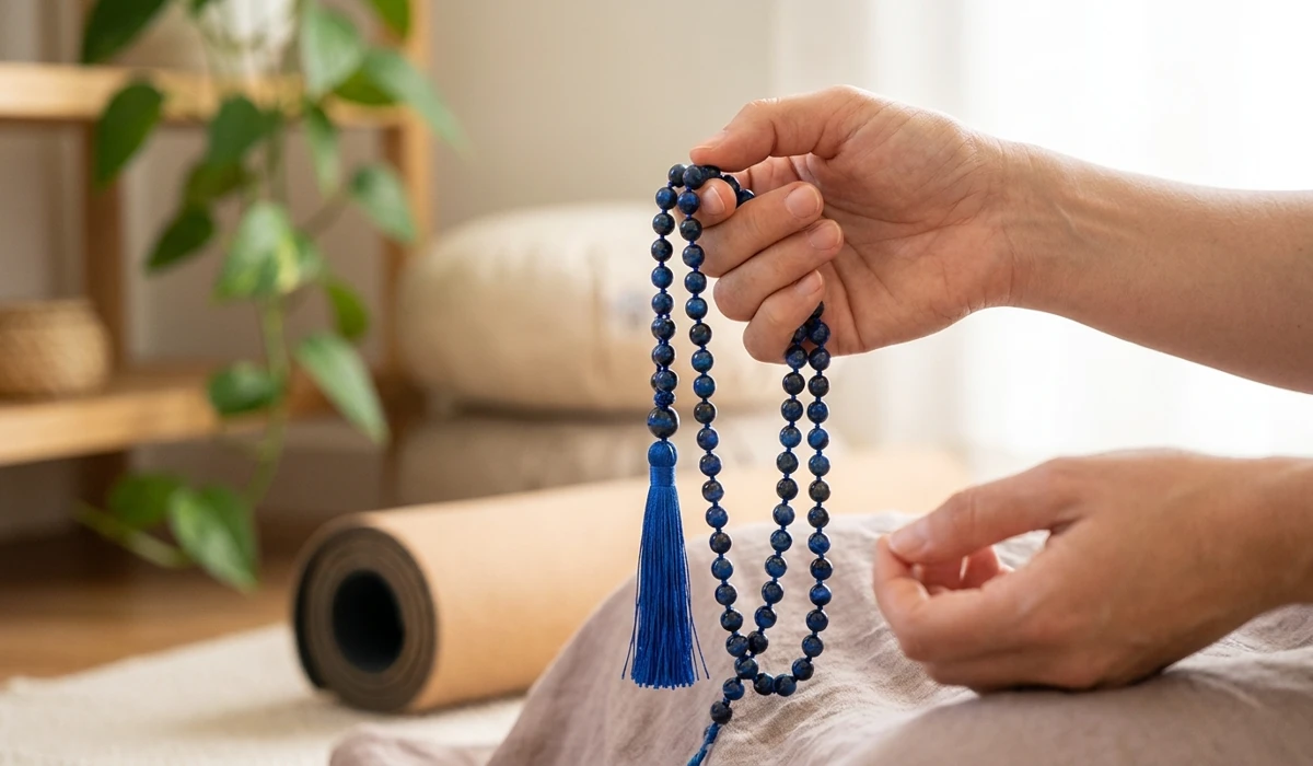 Hands using Blue Tiger Eye mala beads for Japa meditation, demonstrating the correct traditional finger placement.