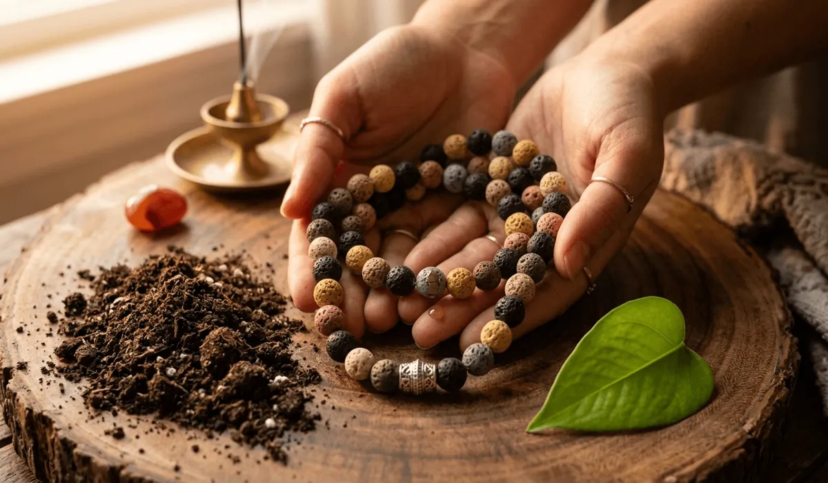Spiritual grounding with lava stone beads symbolizing rebirth and root chakra connection.